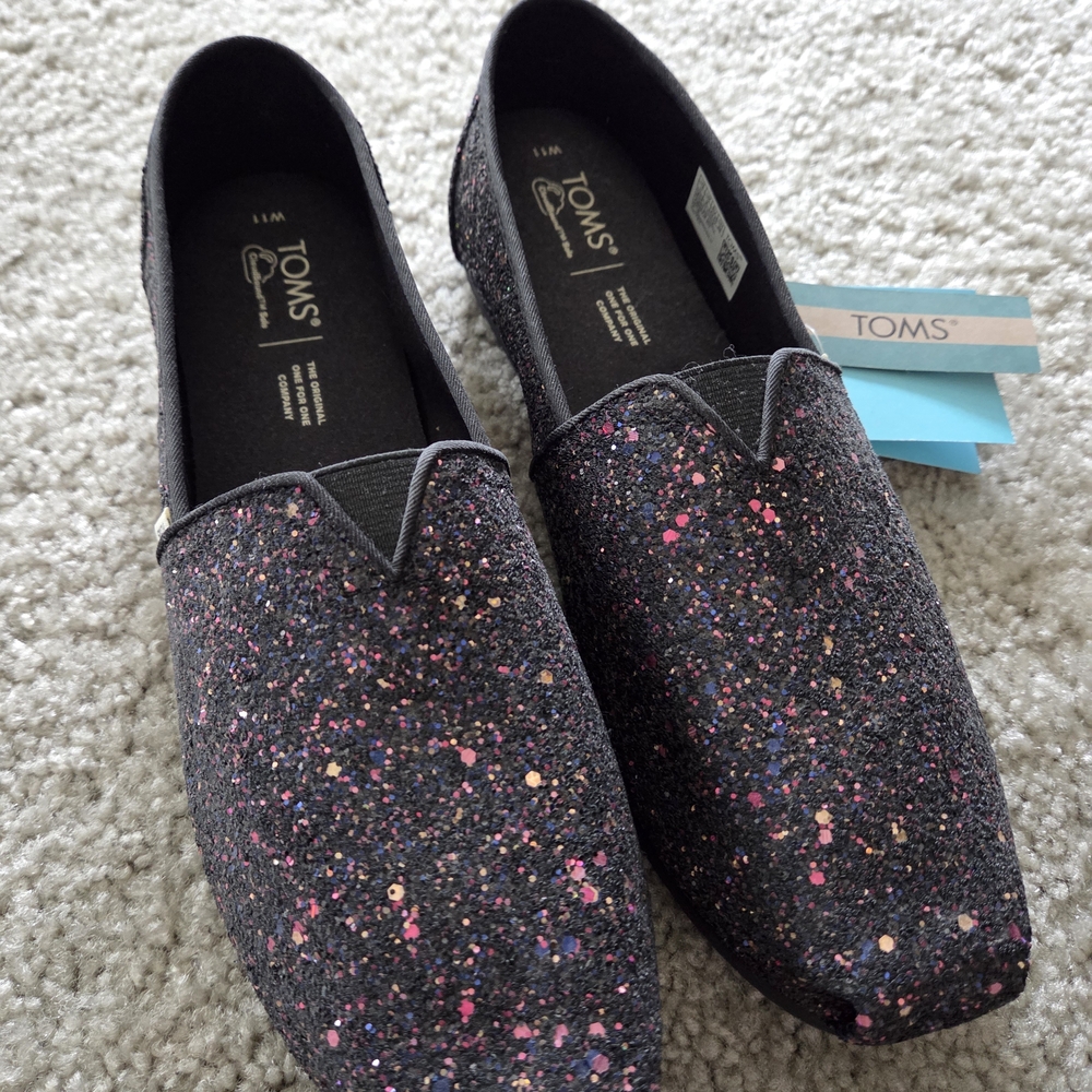 TOMS Black Glitter Slip-On Shoes